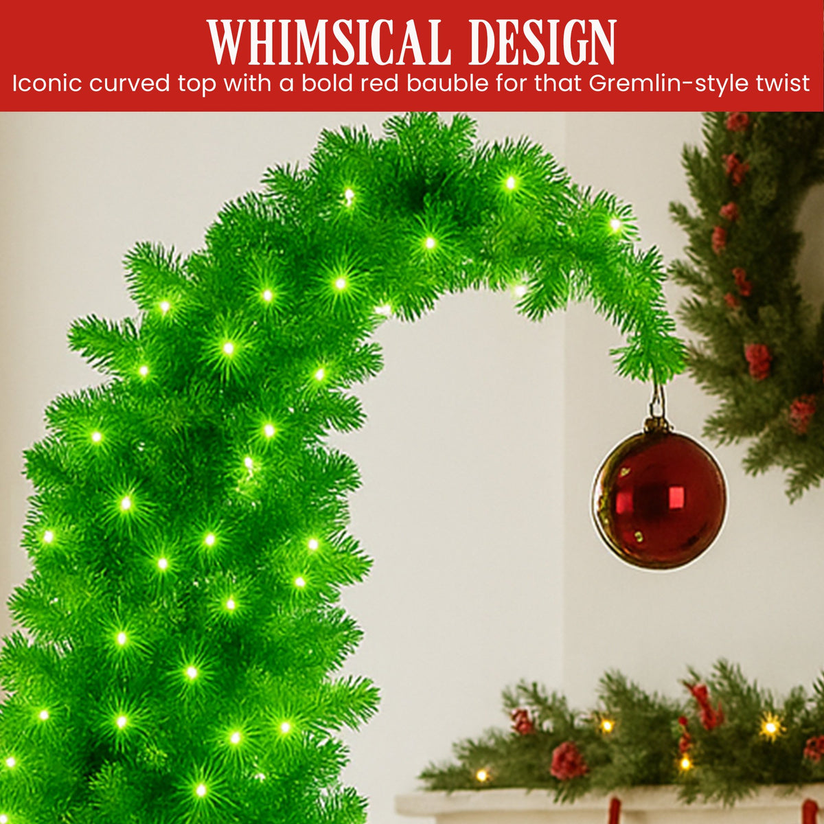 Christabelle 7.5ft Christmas Gremlin Tree Curved Top Red Bauble Built-in Green White LED Lights Control Base & Cord