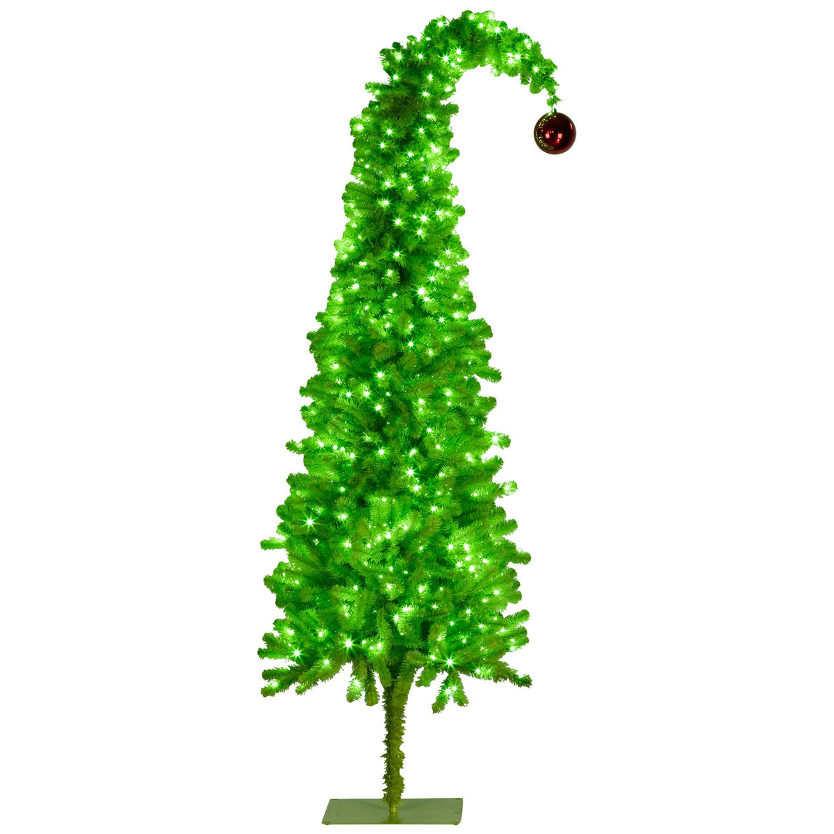 Christabelle 7.5ft Christmas Gremlin Tree Curved Top Red Bauble Built-in Green White LED Lights Control Base & Cord