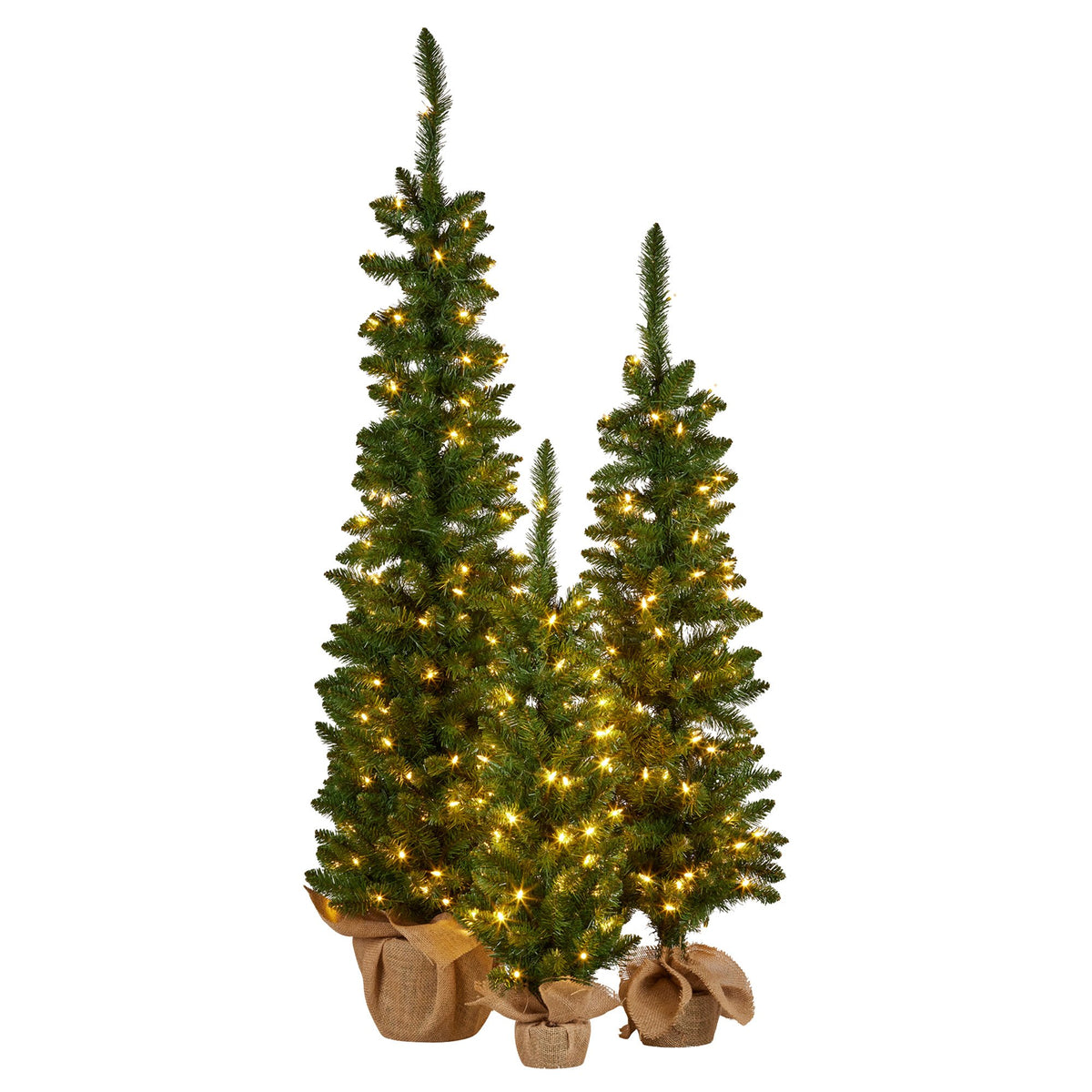 Christabelle Set of 3 Pre-Lit Christmas Trees Green Pine w/LED Lights, Hessian Base &amp; Individual Plugs Varying Heights