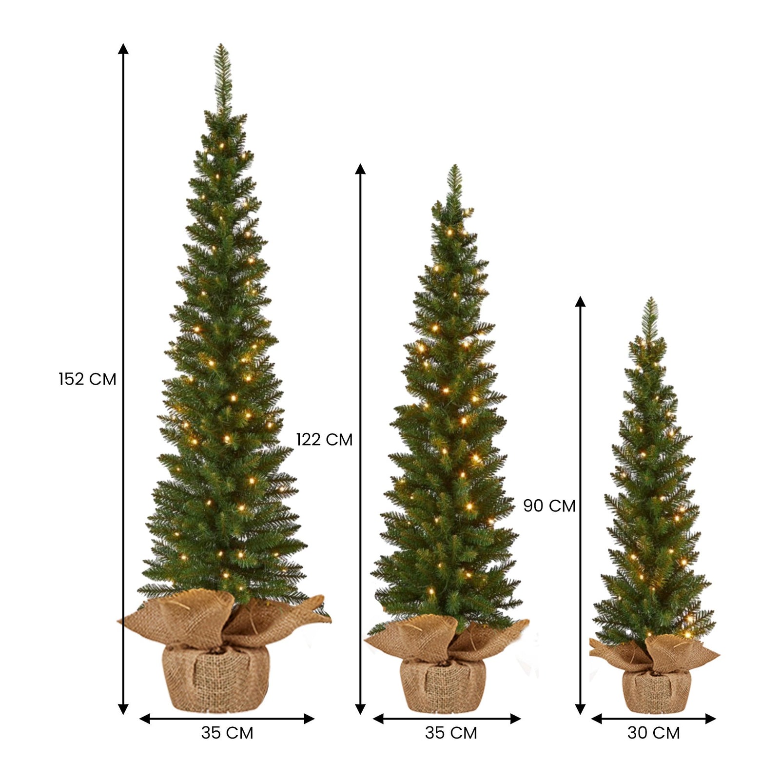 Christabelle Set of 3 Pre-Lit Christmas Trees Green Pine w/LED Lights, Hessian Base & Individual Plugs Varying Heights