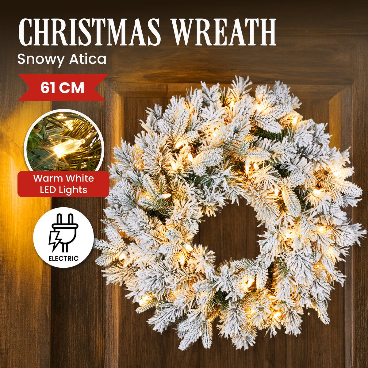 Christabelle 61cm Snowy Atica Pre-Lit Warm White LED Snowy Finish Christmas Wreath