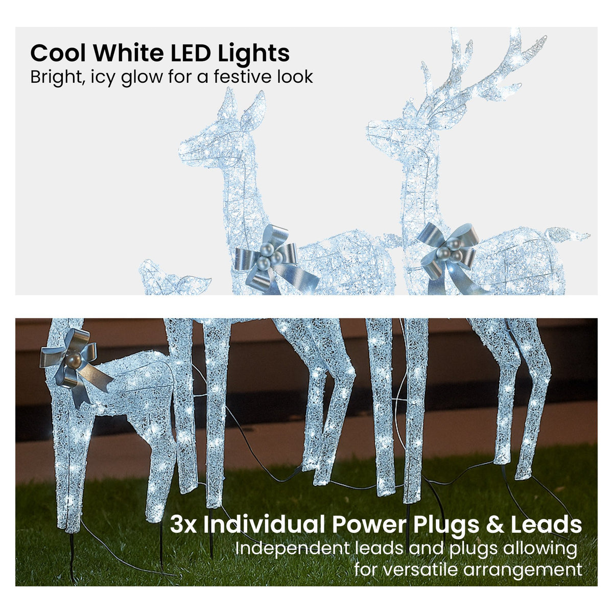 Christabelle Christmas Reindeer Display Set 3 Indoor & Outdoor Decorations Acrylic Beads Cool White LED Lights Silver