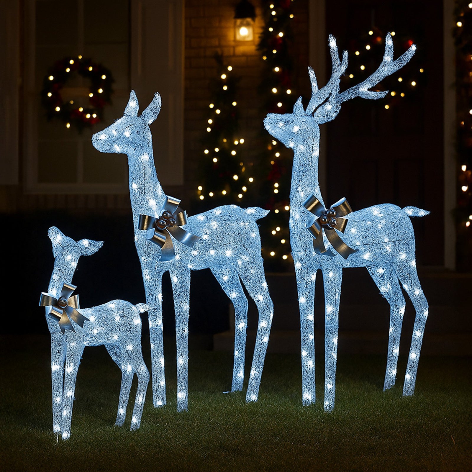 Christabelle Christmas Reindeer Display Set 3 Indoor & Outdoor Decorations Acrylic Beads Cool White LED Lights Silver