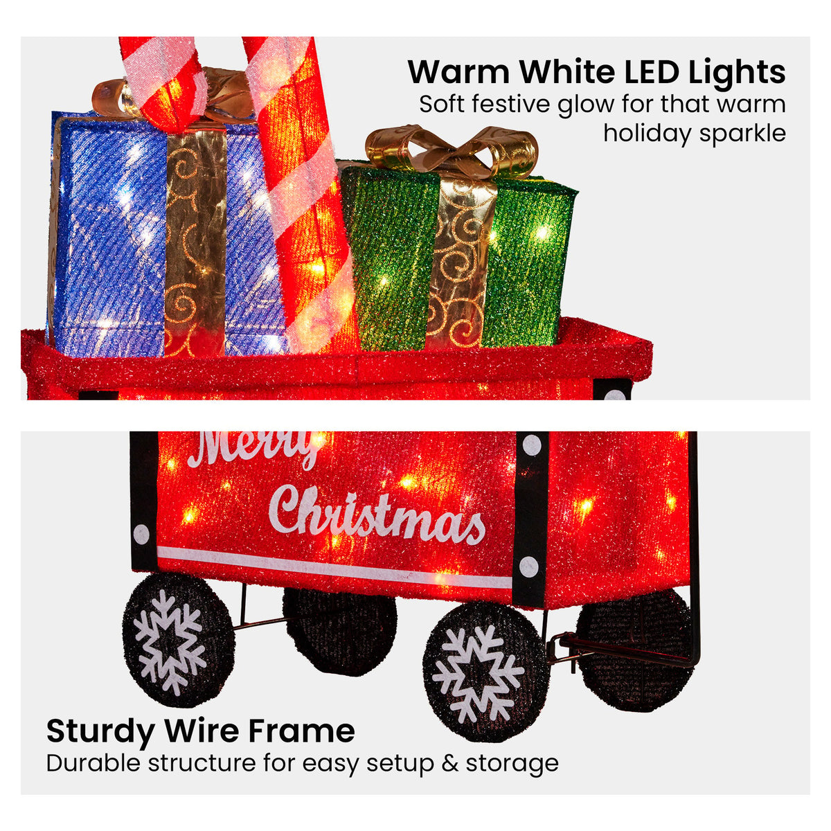 Christabelle Christmas Cart Display w/Candy Cane & Presents Warm White LED Lights Wire Frame Structure Indoor & Outdoor