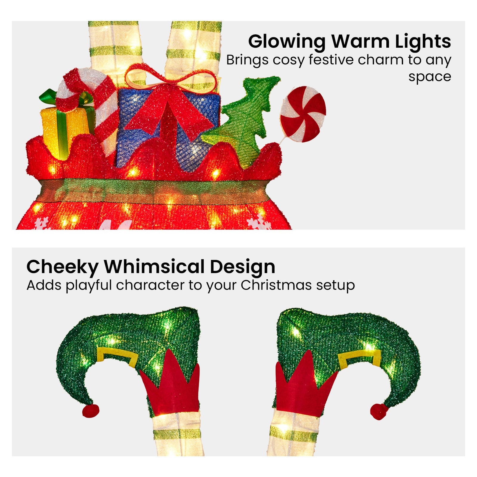 Christabelle Elf in Gift Sack Christmas Display Warm White LED Lights 86cm for Decoration w/Wire Frame Construction