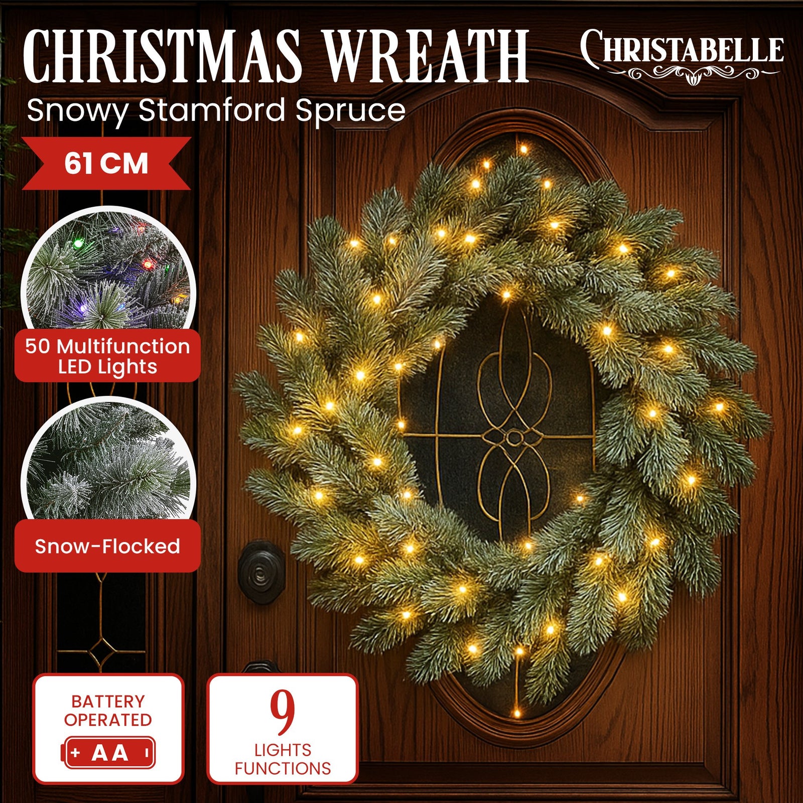 National Tree Company 61cm  Pre Lit Snowy Stamford Spruce Battery Operated Christmas Wreath w/LED Lights & Timer