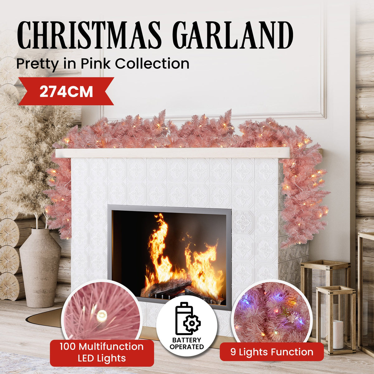 Christabelle 274cm Pretty In Pink Christmas Garland With Led Lights
