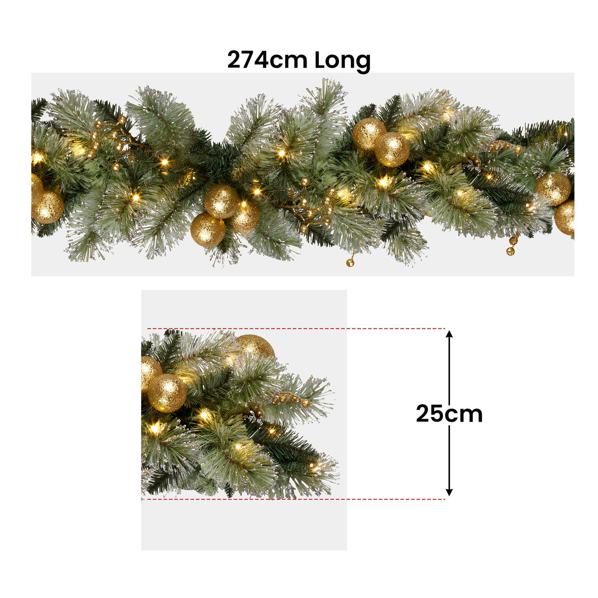 Christabelle 274cm Pre-lit Christmas Garland Gold Baubles Aa Battery Led Lights
