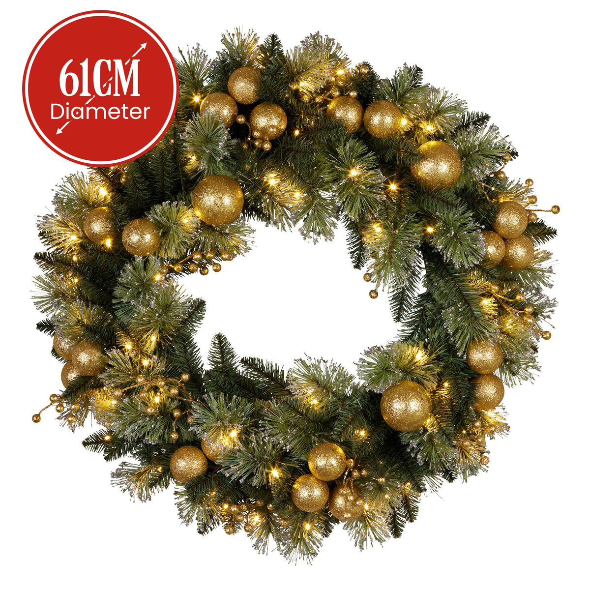 Christabelle 61cm Christmas Wreath Battery-operated Warm White Light Gold Bauble