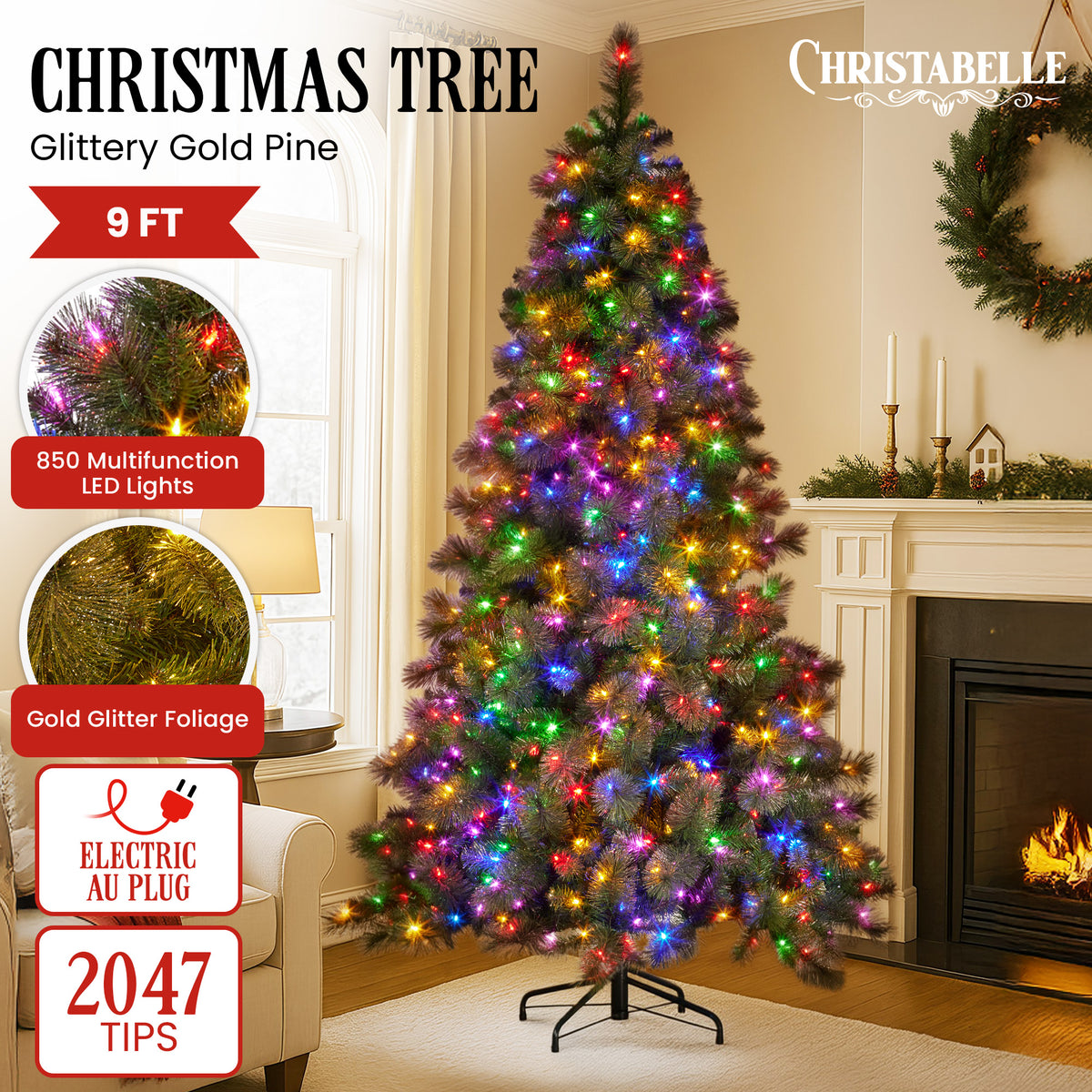 Christabelle 9ft Christmas Tree Glittery Gold Pine Needles 850 Led Lights Xmas