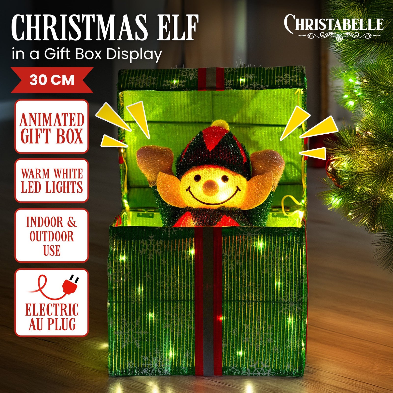 Christabelle Animated Elf Gift Box Led Lights Christmas Tree Decoration Ornament