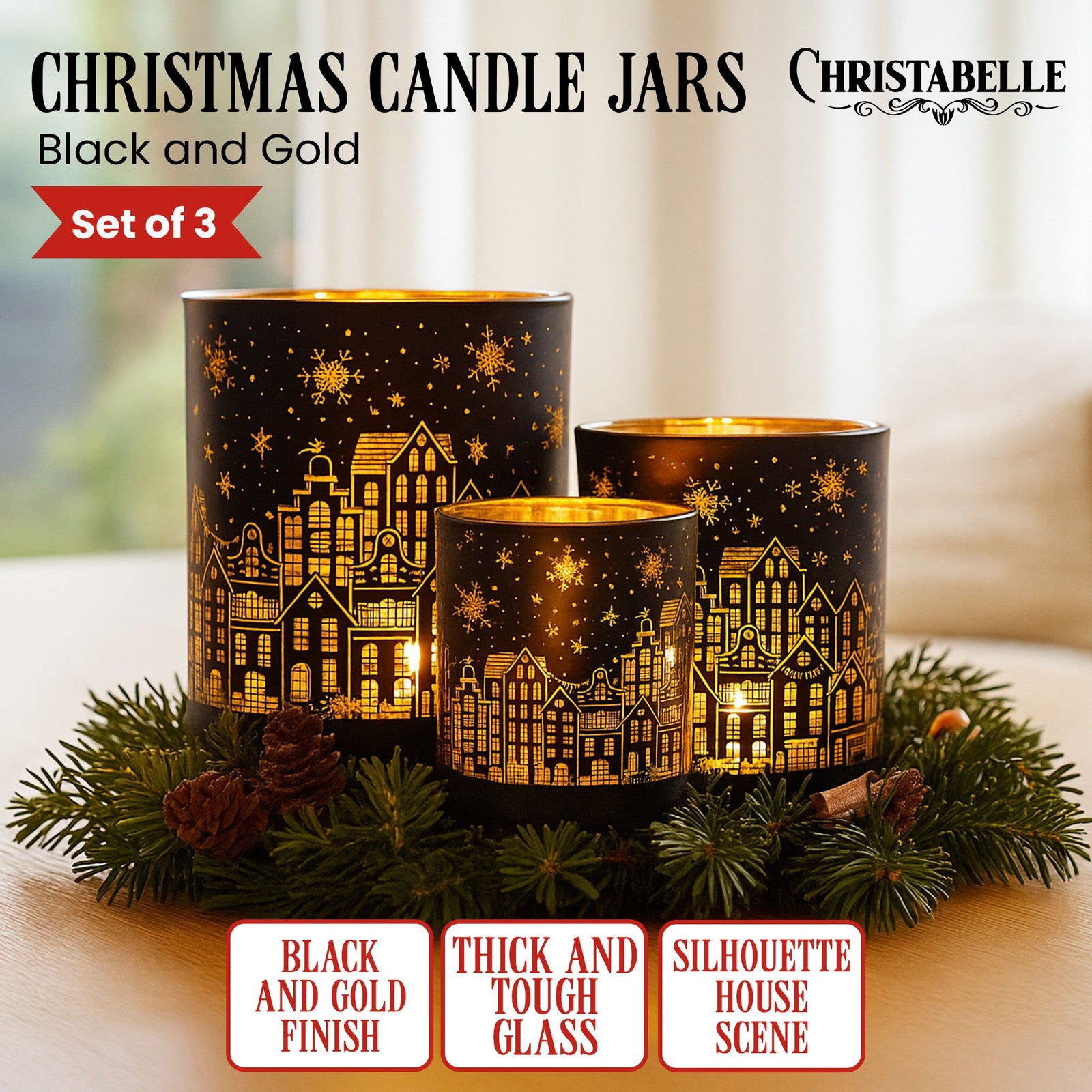 Christabelle Christmas Candle Jar Set Of 3 Black And Gold Holiday Candle Holders