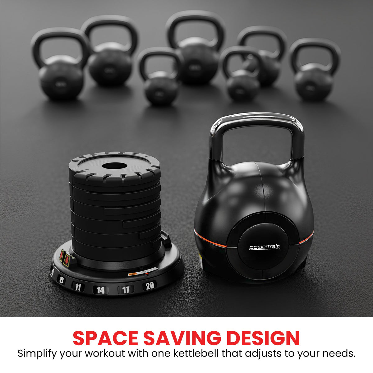 Powertrain Adjustable Kettlebell 20kg 7 in 1 Weight Selection Set w/Quick One Hand Adjustment Secure Locking System
