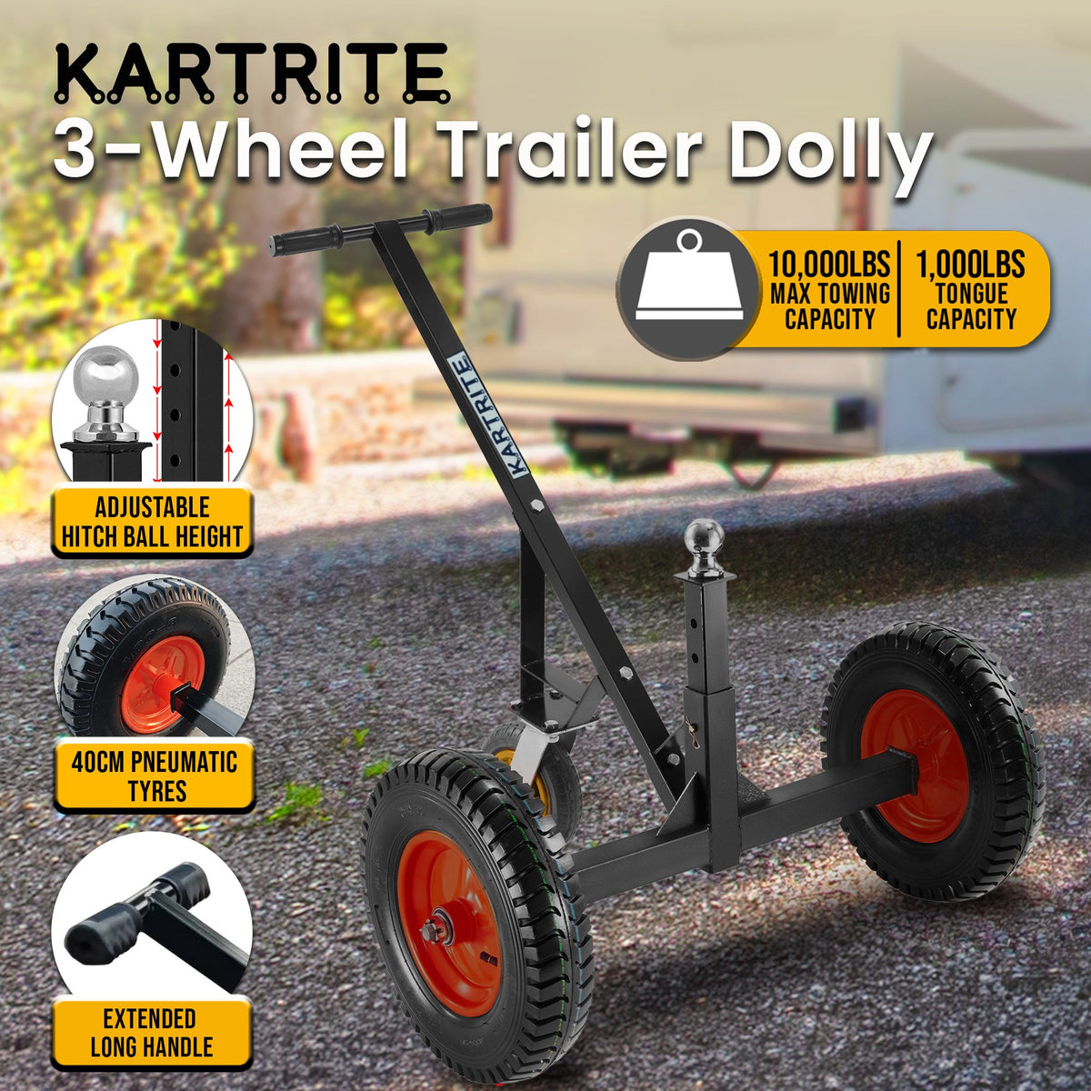 Kartrite 3-Wheel Adjustable Trailer Dolly Heavy Duty Caravan Mover 1000 lbs Tongue Capacity Durable Transport Solution