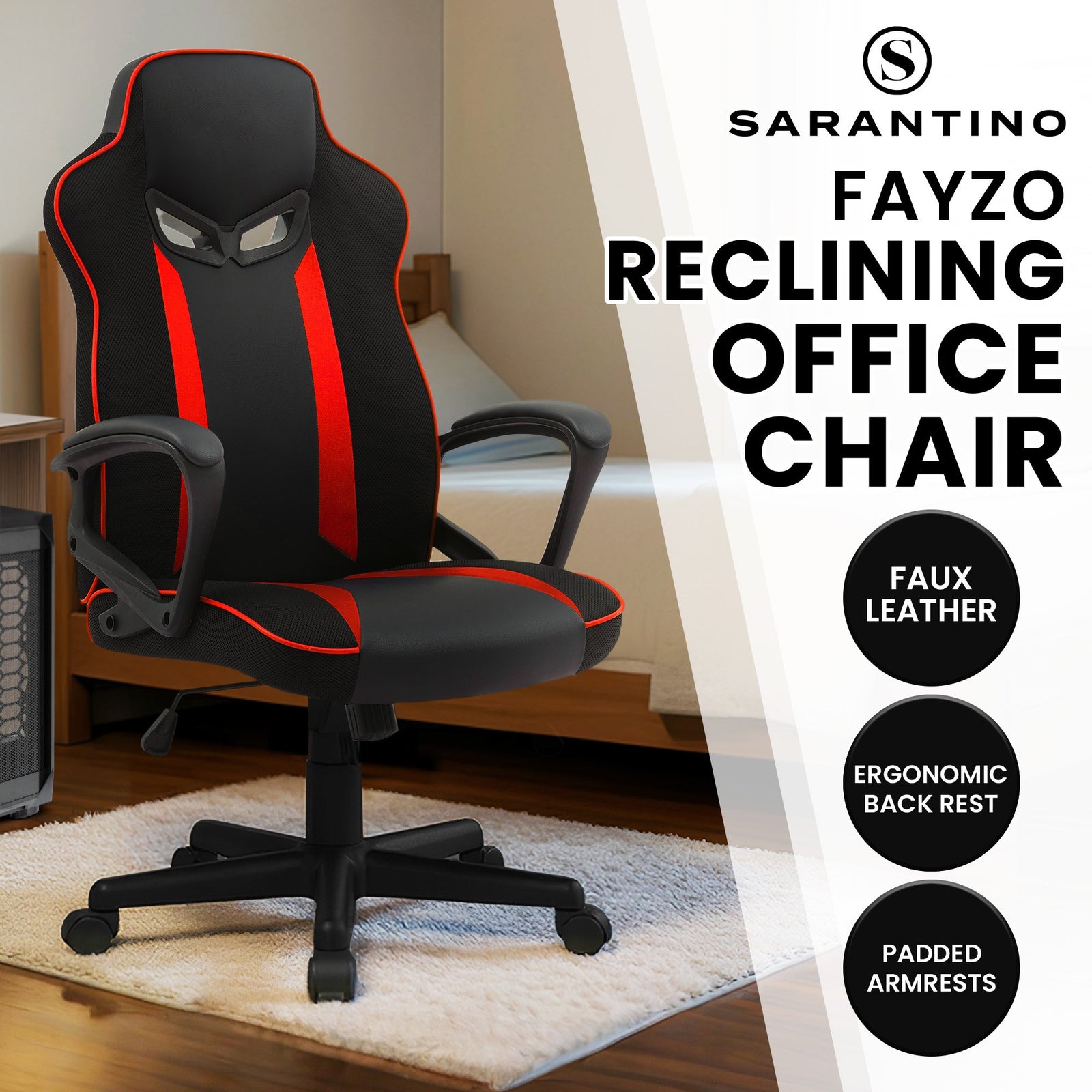 Sarantino Fayzo Racing Reclining Office Gaming Chair Black And Red Adjustable Computer Desk Seat With Adjustable Height, Breathable Mesh Back, Padded Armrests