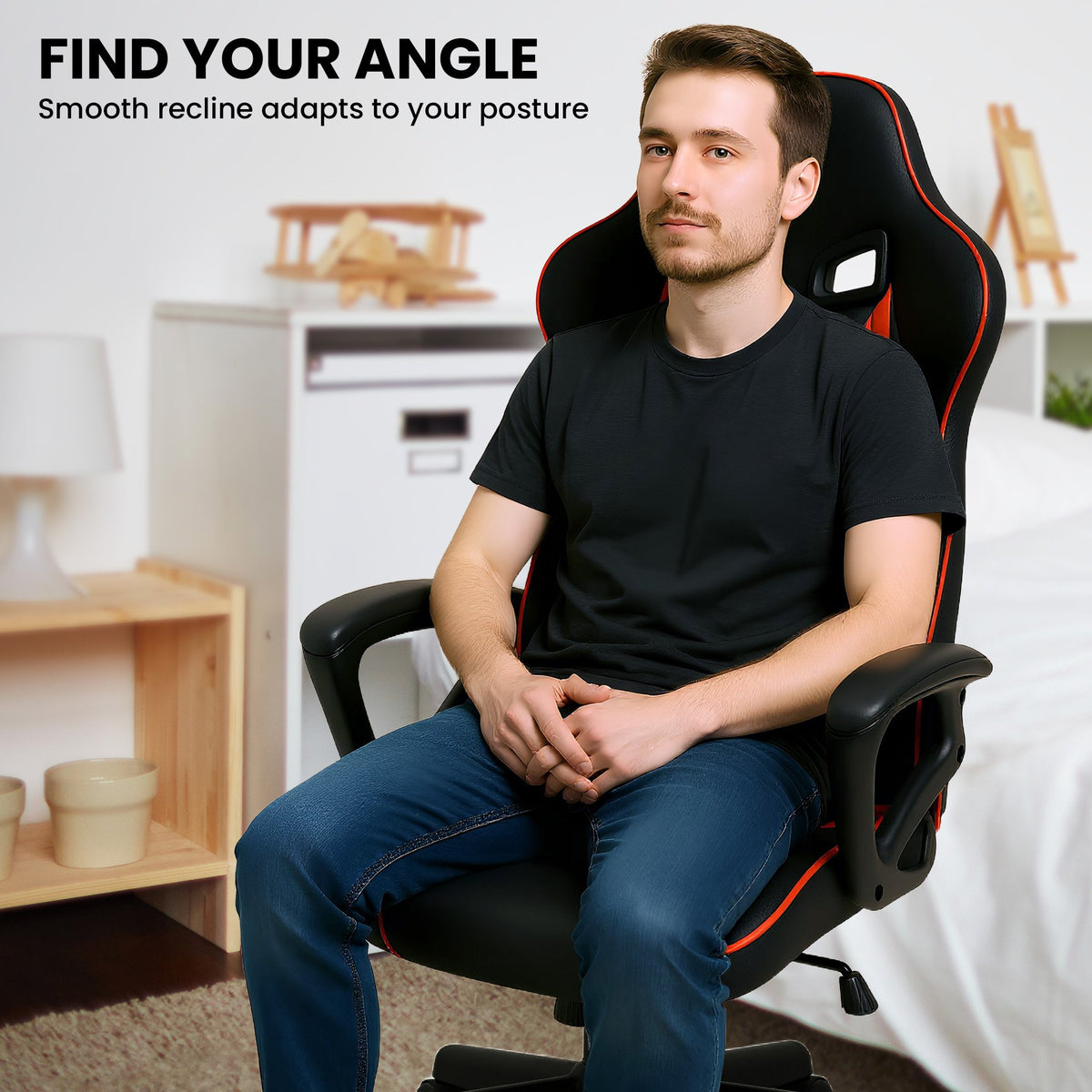 Sarantino Fayzo Racing Reclining Office Gaming Chair Black And Red Adjustable Computer Desk Seat With Adjustable Height, Breathable Mesh Back, Padded Armrests