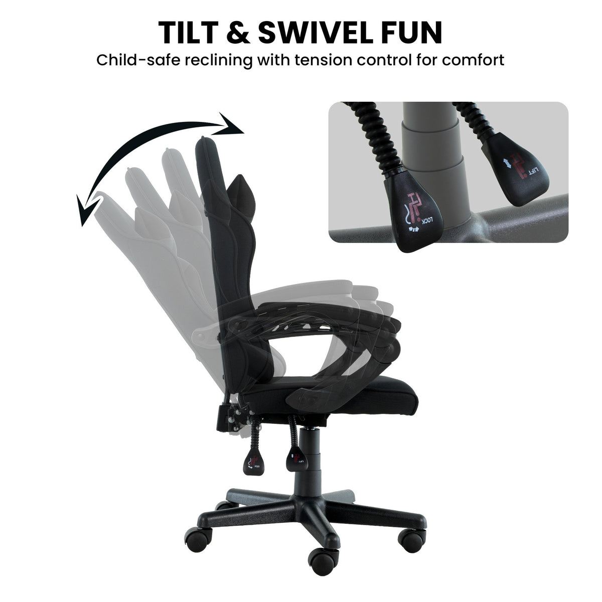 Sarantino Antre Kids Study Gaming Chair Black Adjustable Computer Desk Seat Racing Inspired-look With Adjustable Height, Ergonomic Back Support, Padded Armrests