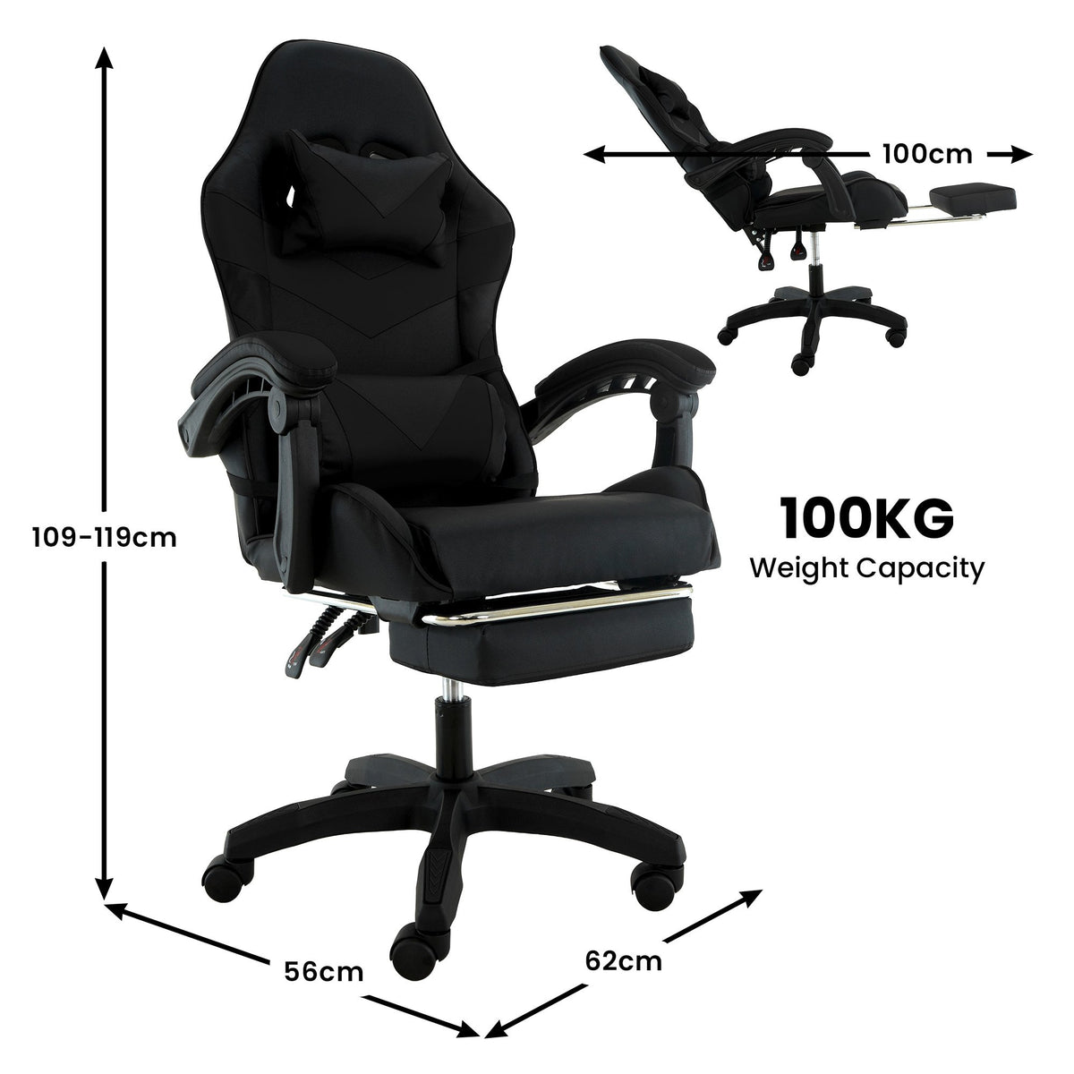 Sarantino Cueva Reclining High Back Office Gaming Chair Black Retractable Footrest Computer Seat