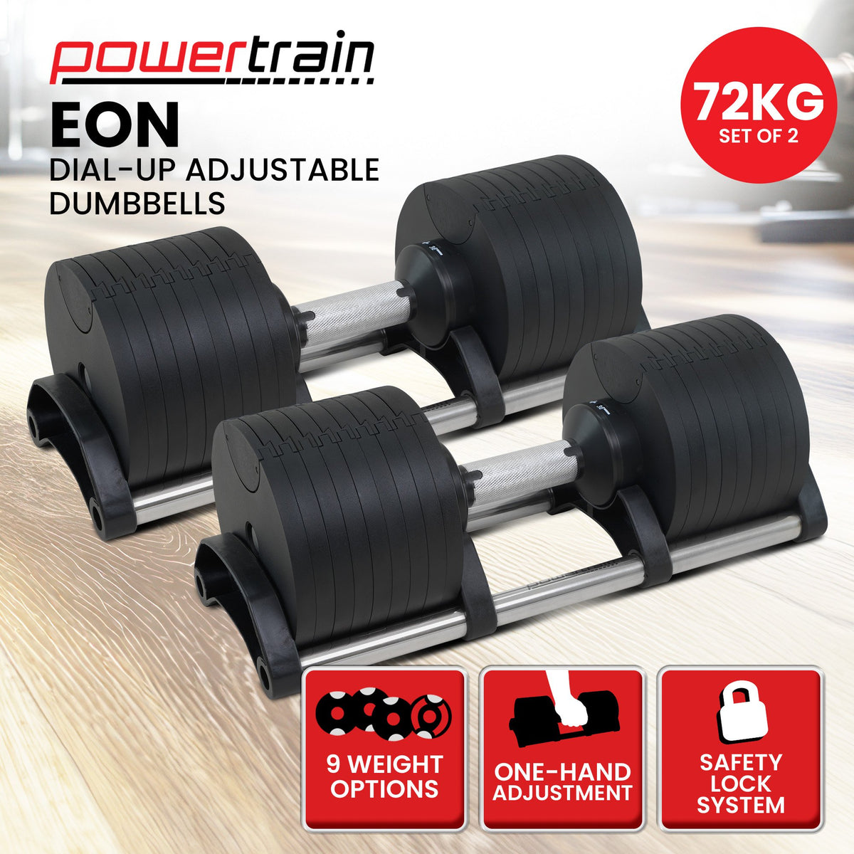 Powertrain Eon 2 x 36kg Dial-Up Adjustable Dumbbell Home Gym Weights
