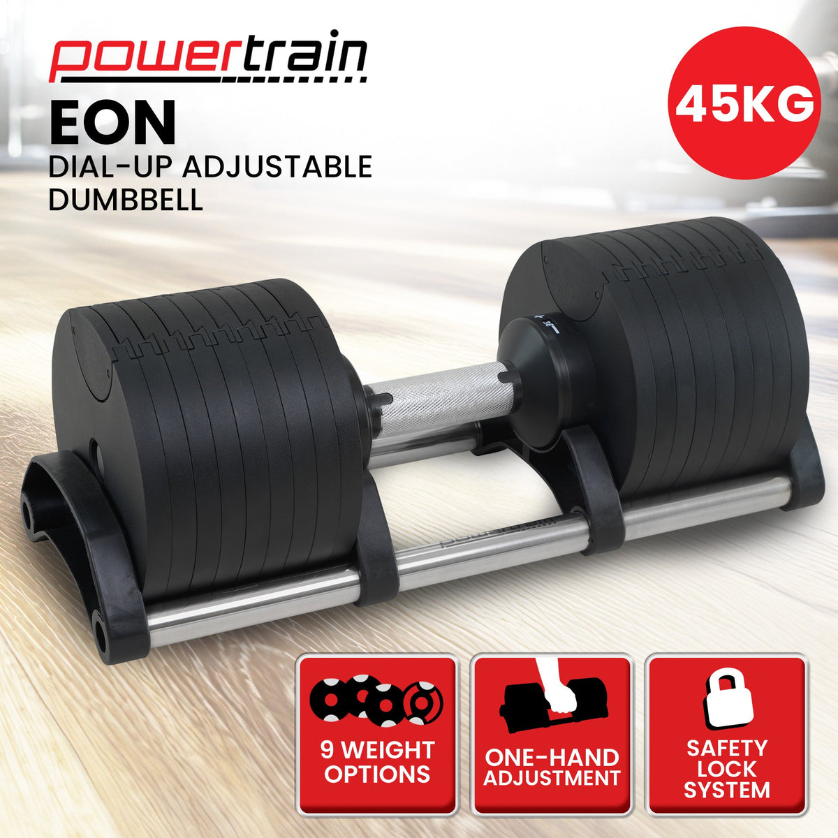 Powertrain Eon 45kg Adjustable Dumbbell Home Gym 9 Strength Training Safety Lock System For Building &amp; Fitness Workouts