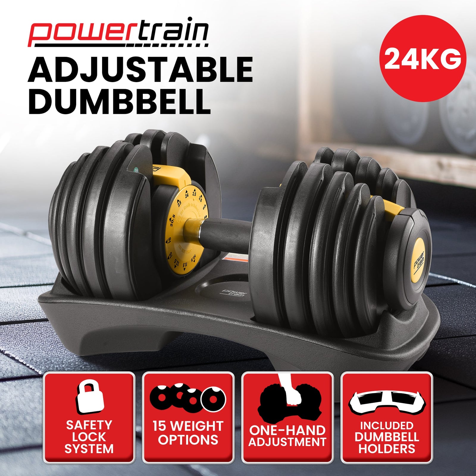 Powertrain 1x 24KG  Adjustable Home Gym Dumbbell - Gold