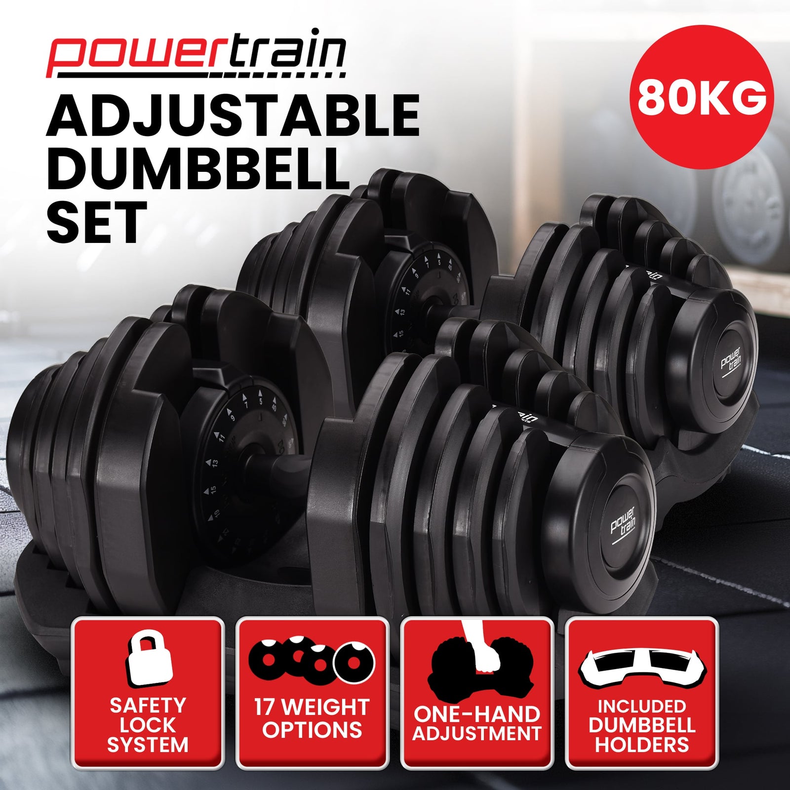 Powertrain2 x 40kg Powertrain Adjustable Dumbbells Home Gym Set
