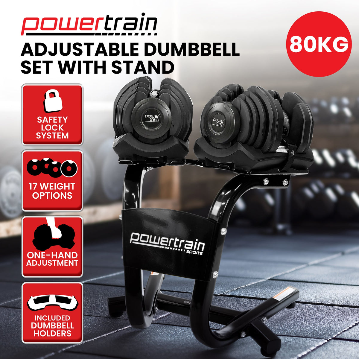 Powertrain 2x 40kg Powertrain Adjustable Dumbbells with Stand