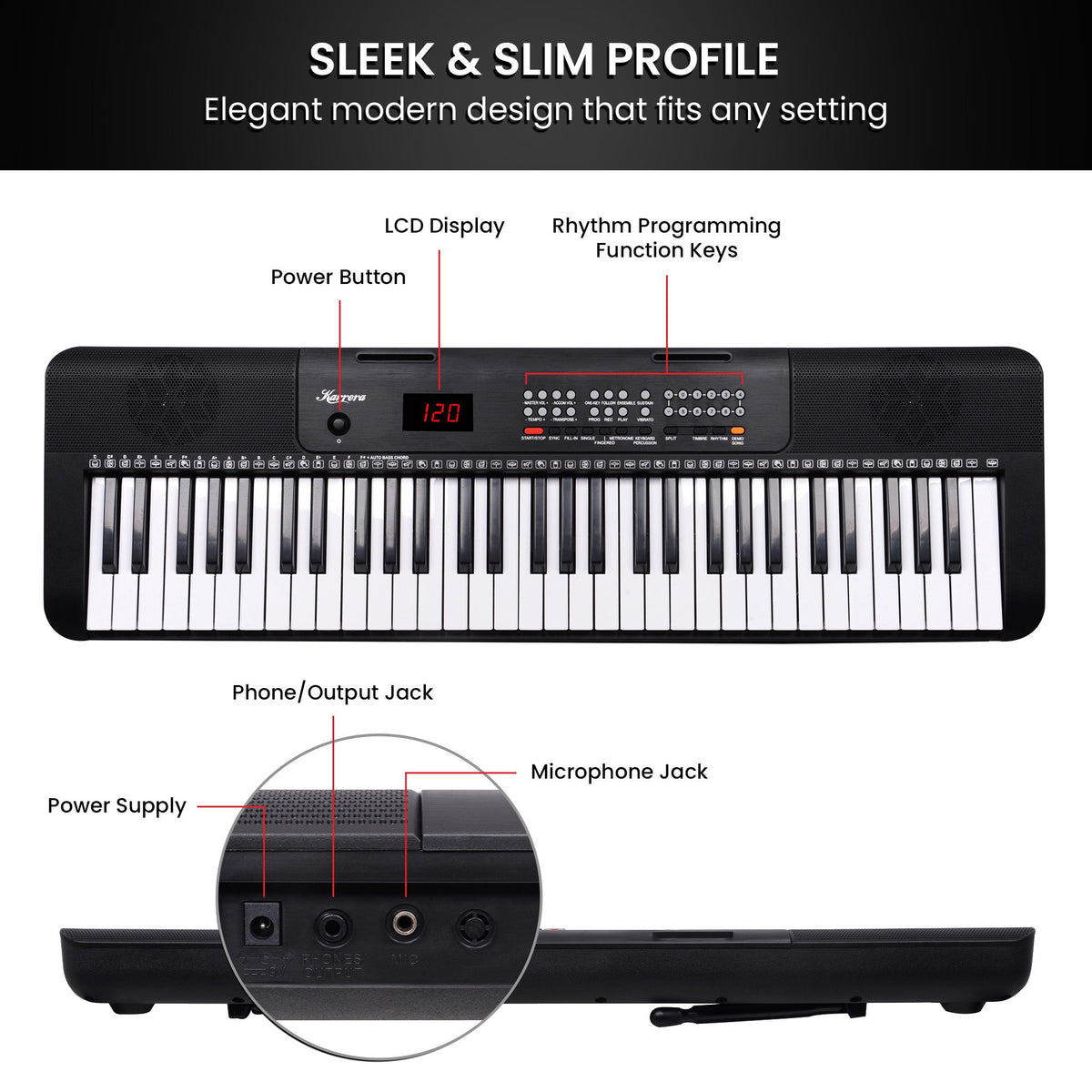 Karrera 61-Key Electronic Piano Keyboard with LED and Folding Stand in Black CHJ-SD1