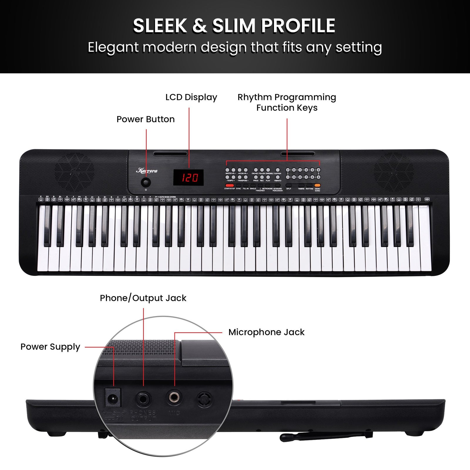 Karrera 61-Key Electronic Piano Keyboard with LED and Folding Stand in Black CHJ-SD1