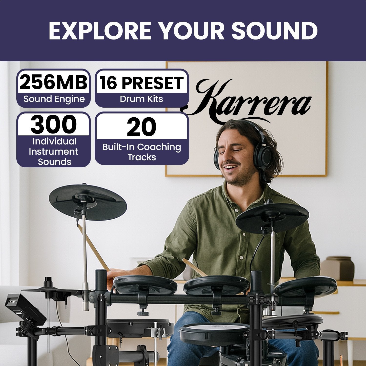 Karrera 18S Electronic Drum Kit Mesh Pads 8in Snare Bluetooth Sounds USB/MIDI Output Kick Pedals Drum Coach & Metronome