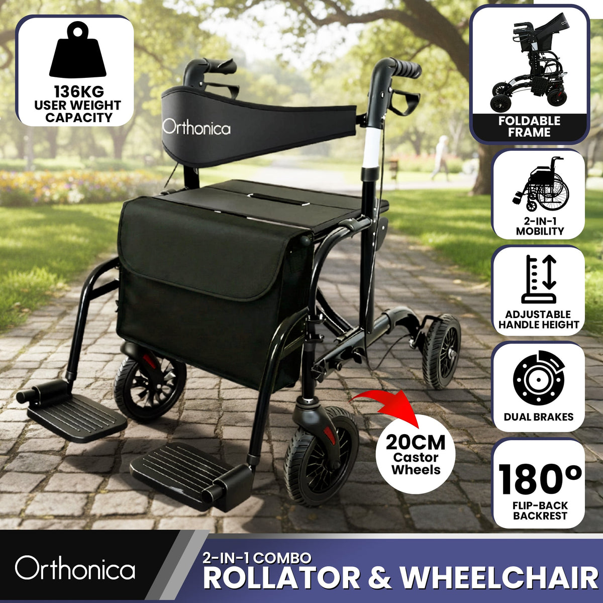 Orthonica Aluminium 2-in-1 Rollator Wheelchair with Foldable Frame – Black &amp; Silver