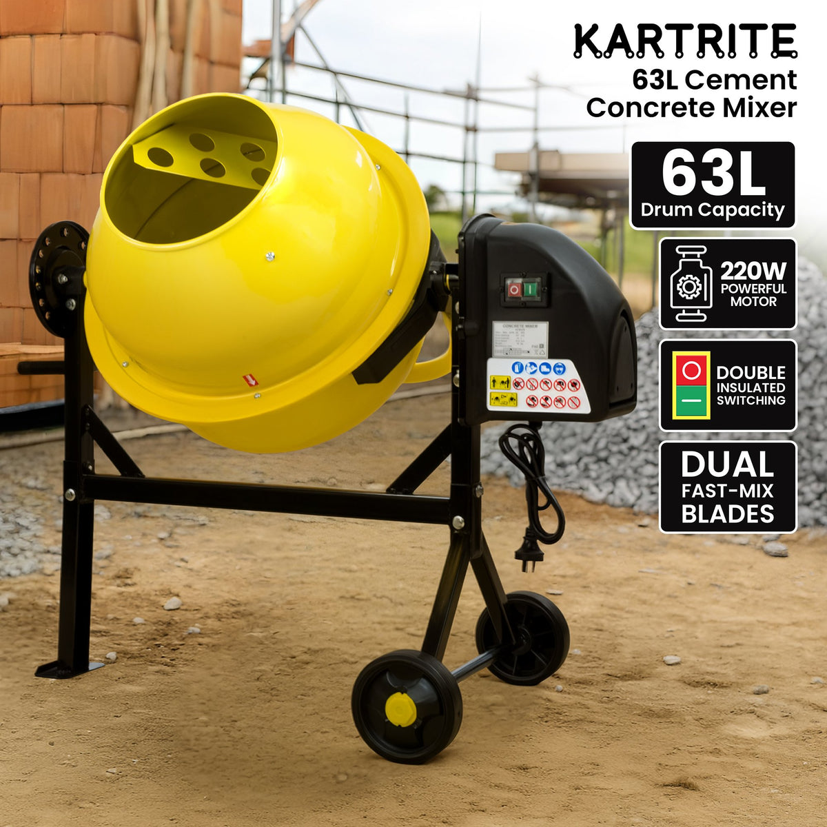 Kartrite Portable 63L Cement Concrete Mixer Dual Mix Blades & Tipper Lock 220W
