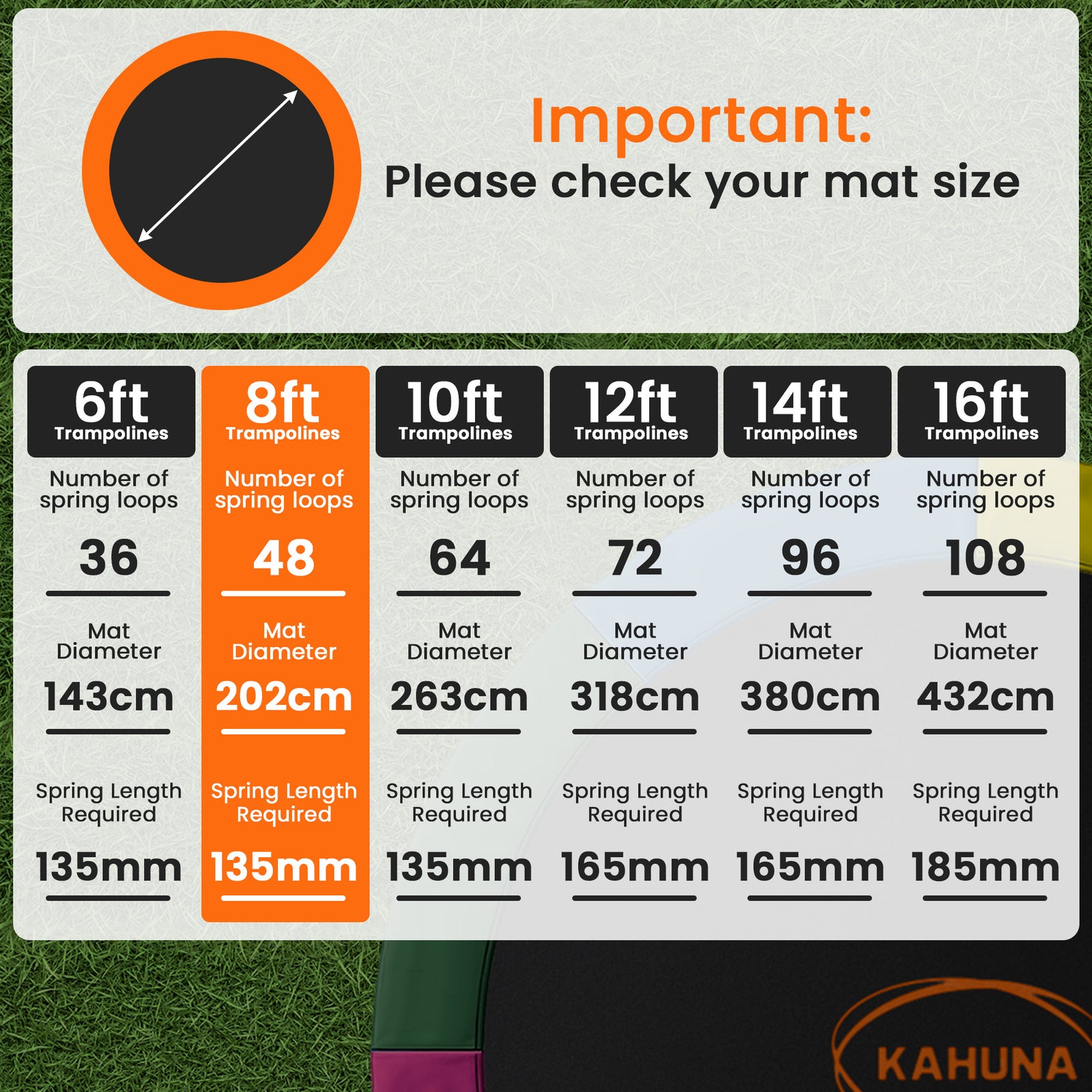 Kahuna 8ft Replacement Trampoline Safety Pad Cover and Jumping Spring Mat - Orange