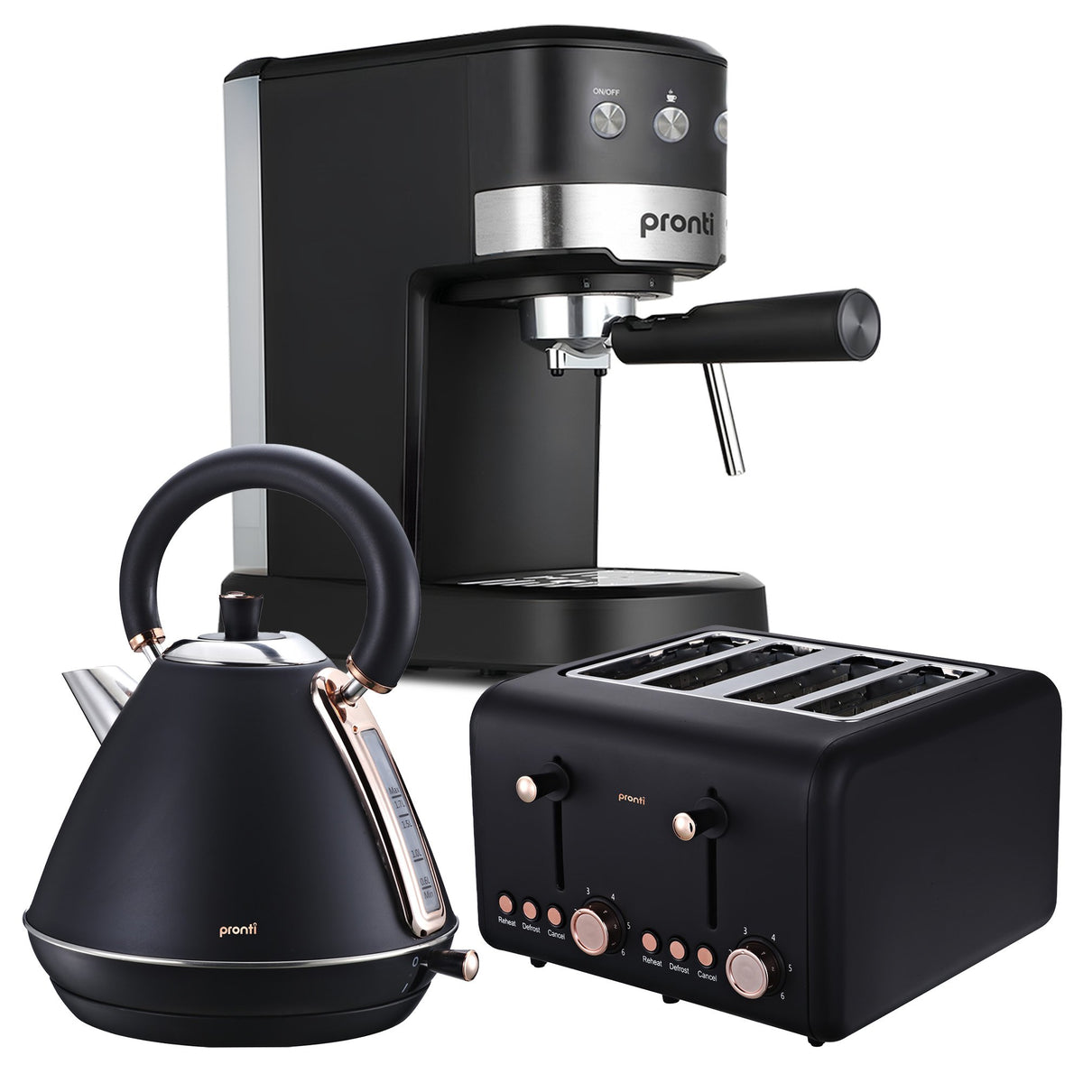 Pronti Breakfast Set with Rose Gold Kettle &amp; Toaster with 1.2L Espresso Machine - Black