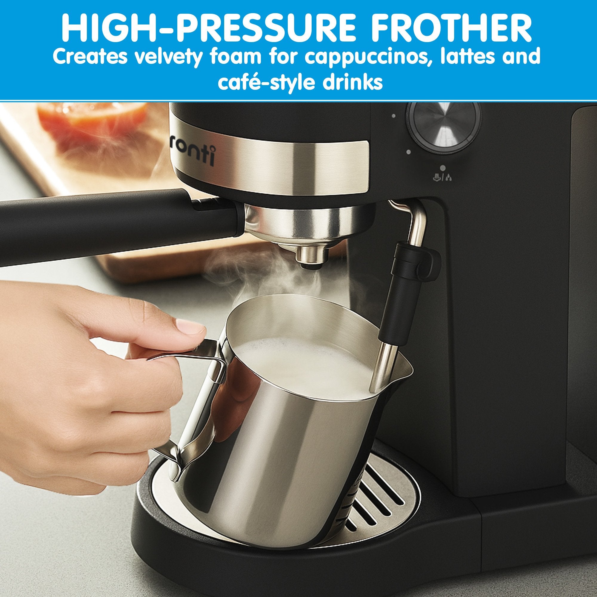 Pronti Breakfast Set with Rose Gold Kettle & Toaster with 1.2L Espresso Machine - Black