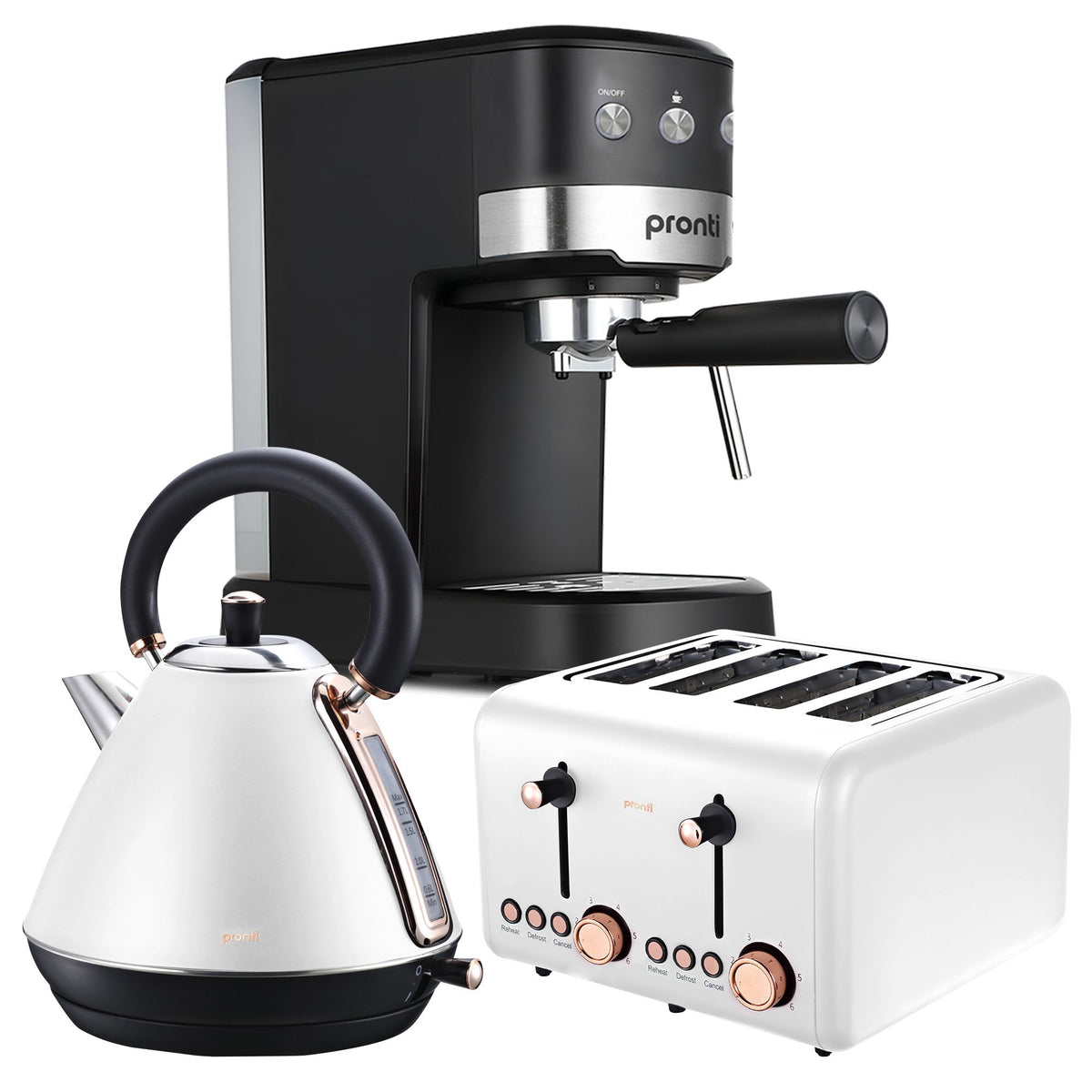 Pronti Breakfast Set with Rose Gold Kettle &amp; Toaster with 1.2L Espresso Machine - White