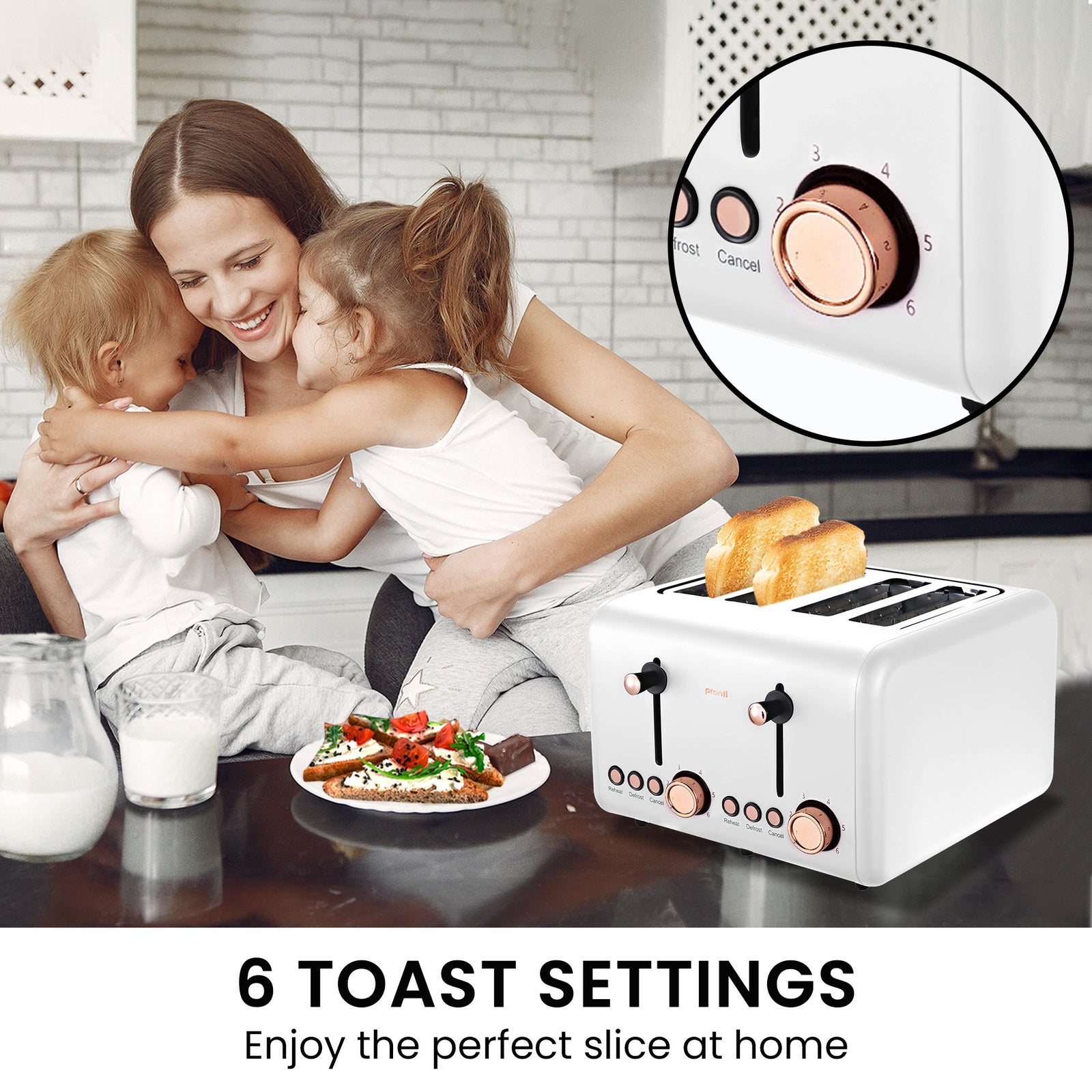 Pronti Breakfast Set with Rose Gold Kettle & Toaster with 1.2L Espresso Machine - White