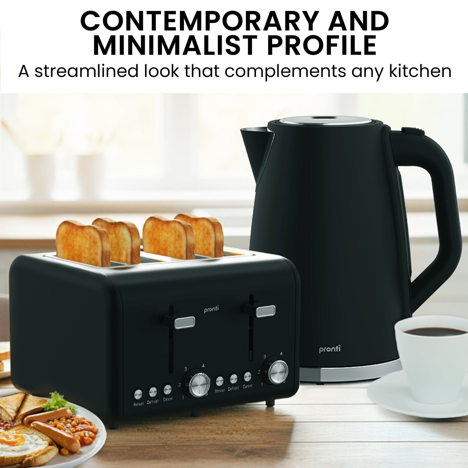 Pronti Silver Noir Collection 4 Slice Toaster and Kettle Bundle