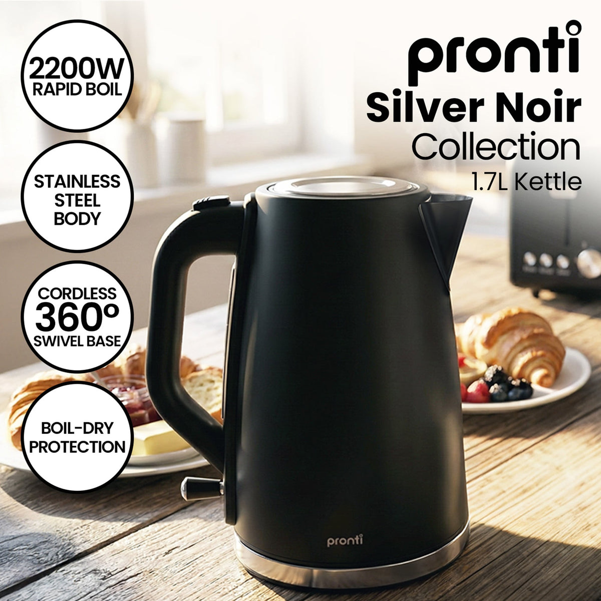 Pronti Silver Noir Collection 4 Slice Toaster and Kettle Bundle