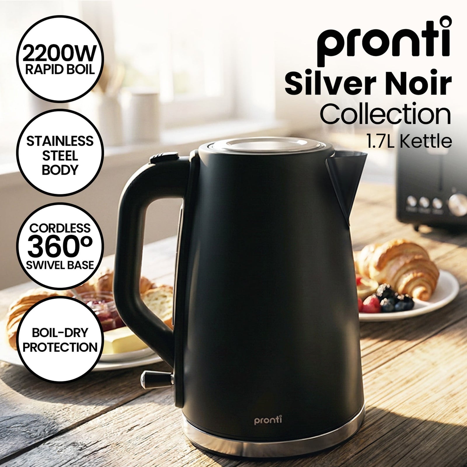 Pronti Silver Noir Collection 4 Slice Toaster and Kettle Bundle
