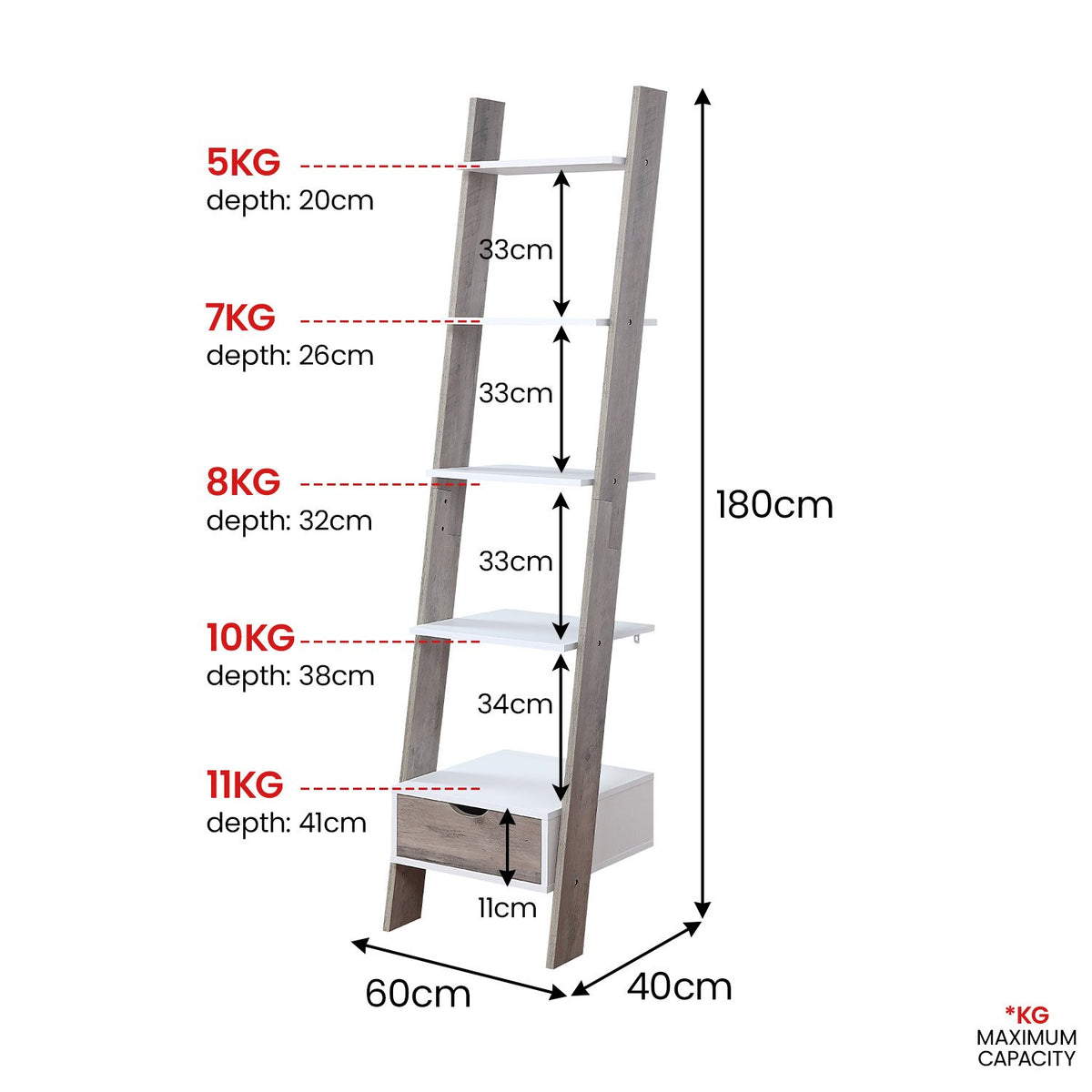 Sarantino Mira 5-tier Ladder Shelf In White And Grey Oak