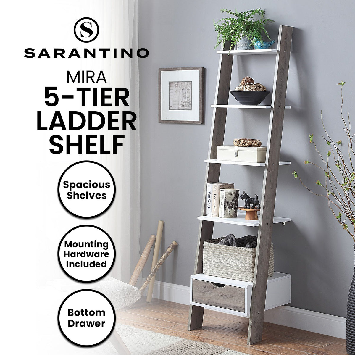 Sarantino Mira 5-tier Ladder Shelf In White And Grey Oak