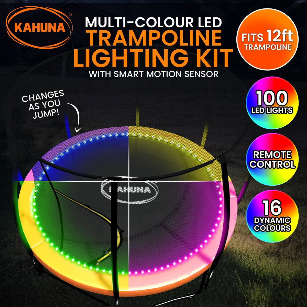 Kahuna LED Kit Suits 12ft Trampolines Multi-Colour Smart Motion Sensor Lighting with 16 colours