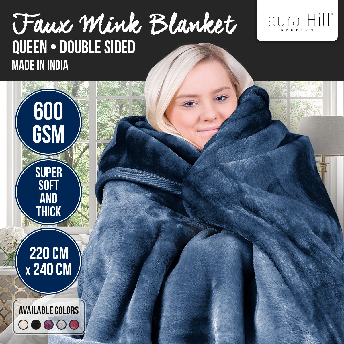 Laura Hill 600gsm Faux Mink Blanket Queen Size Double-sided Throw Rug Large Super Luxurious Soft - Blue