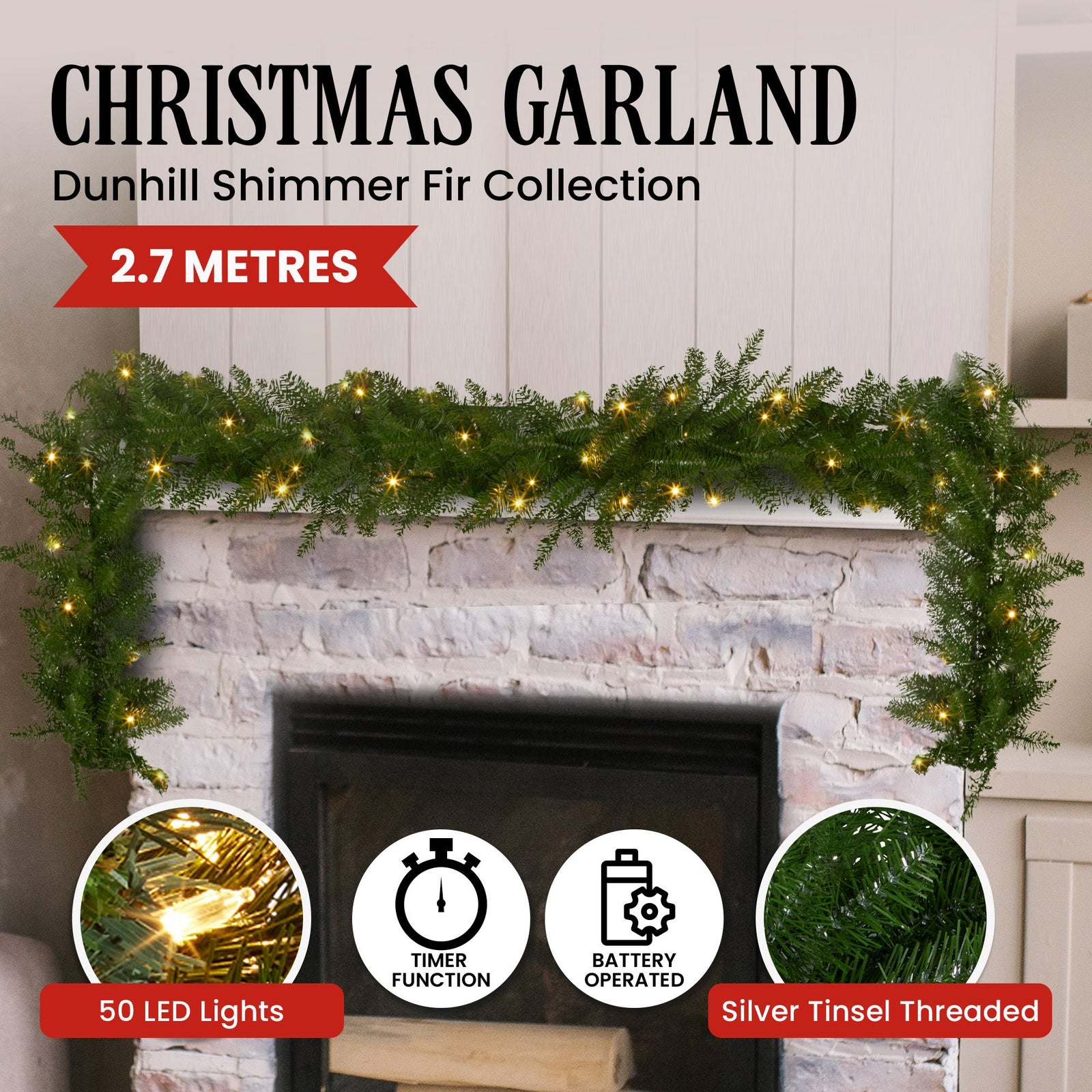 National Tree Company 274cm Dunhill Shimmer Fir Pre-lit Christmas Garland