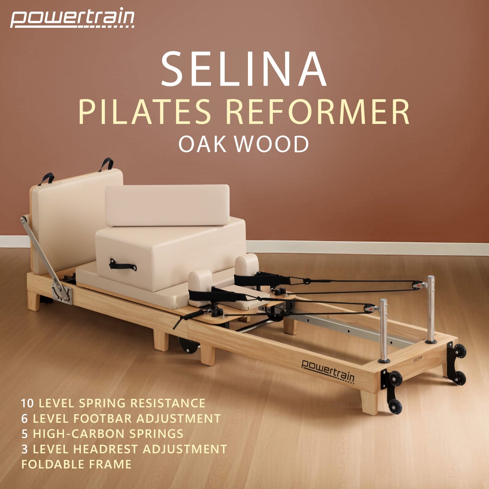 Powertrain Selina Pilates Reformer Machine Wooden Folding Multifunctional Home Gym Equipment with Jumpboard & Sitting Box Oak Beige