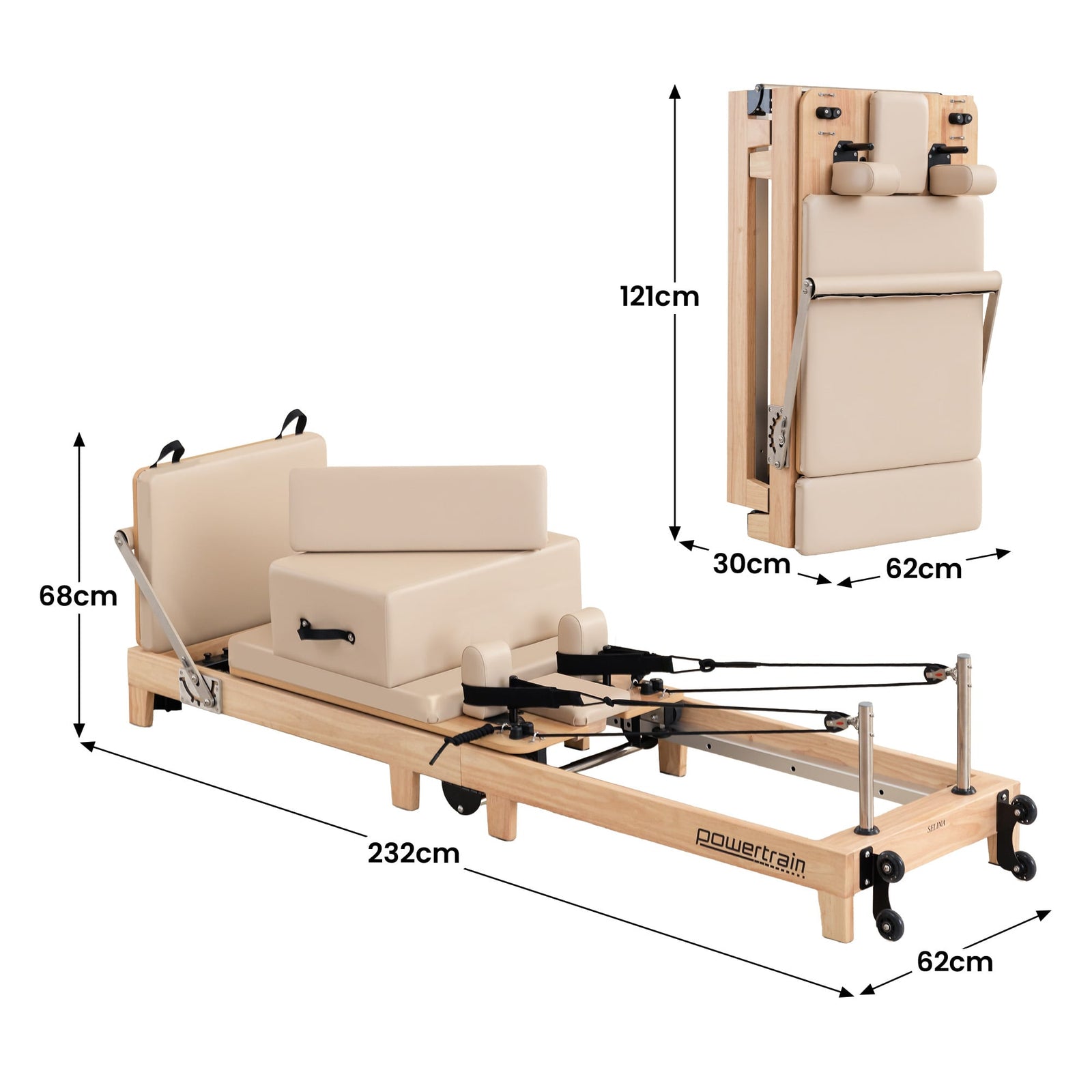 Powertrain Selina Pilates Reformer Machine Wooden Folding Multifunctional Home Gym Equipment with Jumpboard & Sitting Box Oak Beige