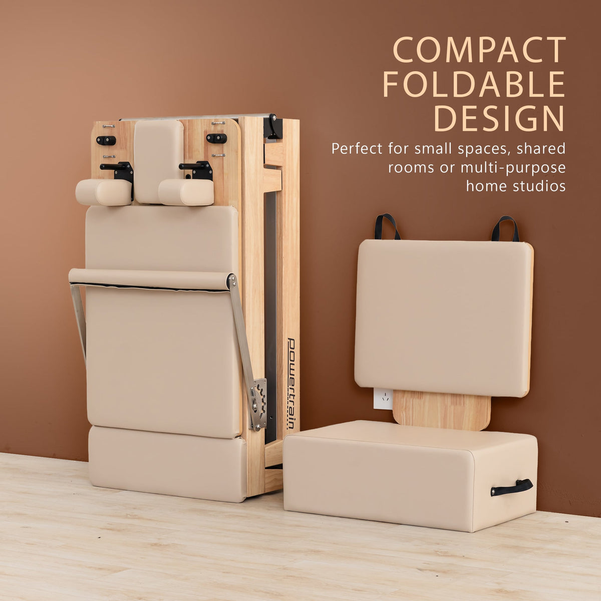 Powertrain Selina Pilates Reformer Machine Wooden Folding Multifunctional Home Gym Equipment with Jumpboard & Sitting Box Oak Beige