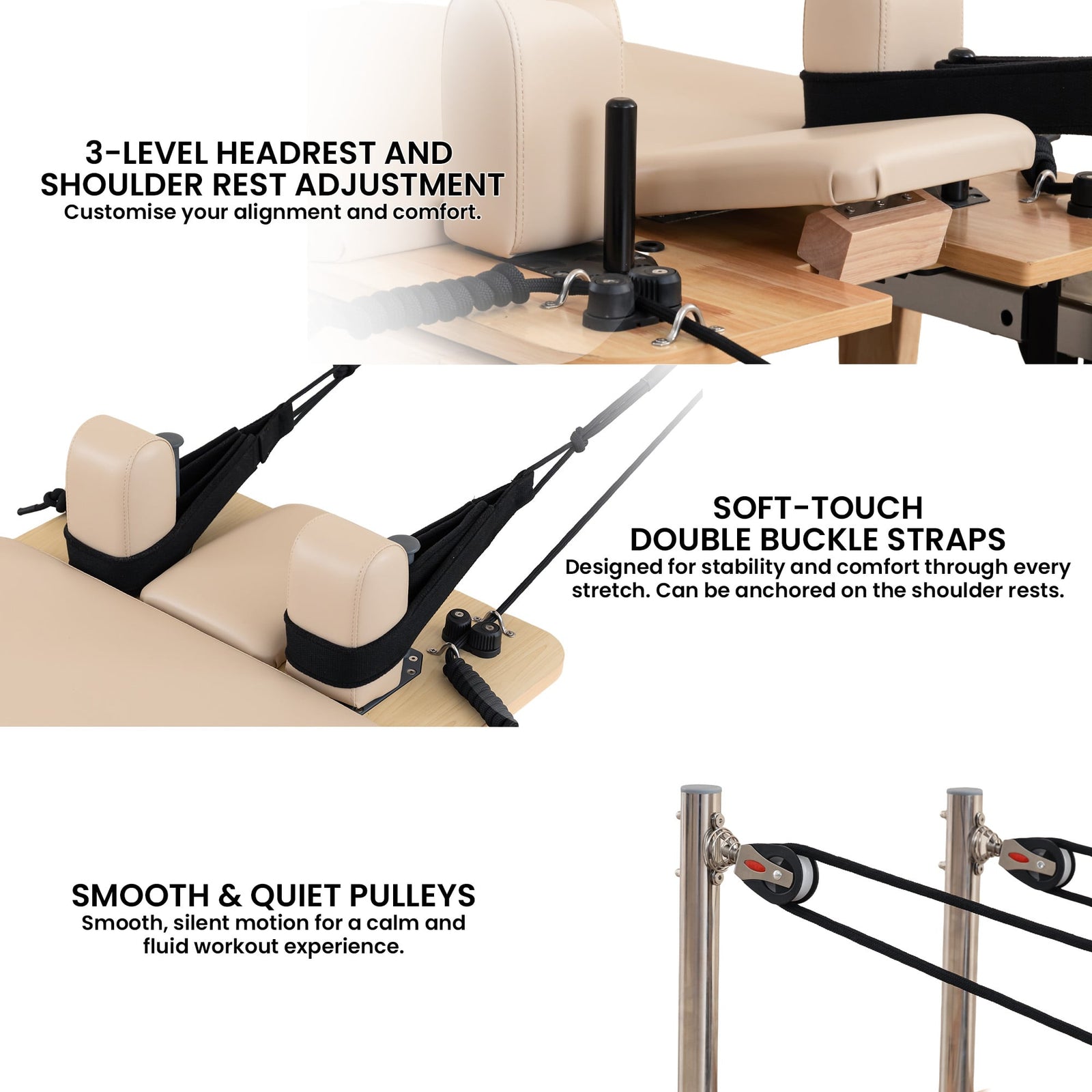 Powertrain Selina Pilates Reformer Machine Wooden Folding Multifunctional Home Gym Equipment with Jumpboard & Sitting Box Oak Beige