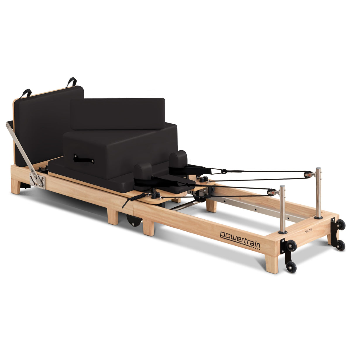 Powertrain Selina Pilates Reformer Machine Wooden Folding Multifunctional Home Gym Equipment with Jumpboard &amp; Sitting Box Oak Black